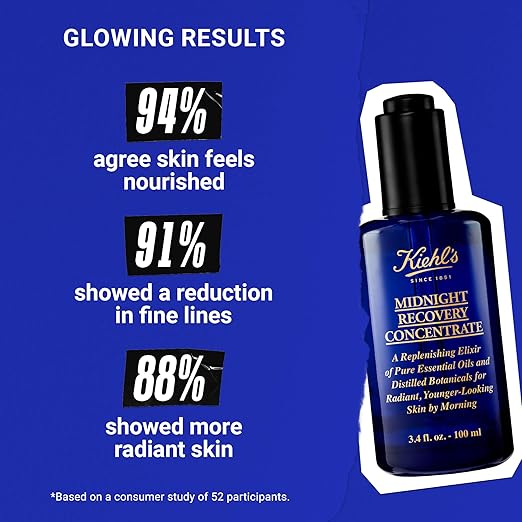 Kiehl's Midnight Recovery Concentrate Moisturizing Face Oil, Lightweight Facial Serum, Restores Skin Radiance Overnight, Reduces Fine Lines, Refines Skin Texture, 99.4% Naturally Derived - 3.4 fl oz