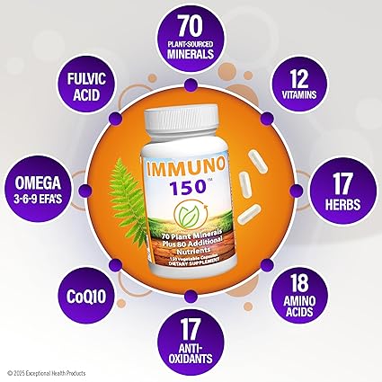 Immuno 150, Immune Support Supplement, Packed with 70 Plant Minerals, 13 Essential Vitamins and 68 Additional Nutrients-150 Vegetable Capsules- Immune Boost for All Age Groups